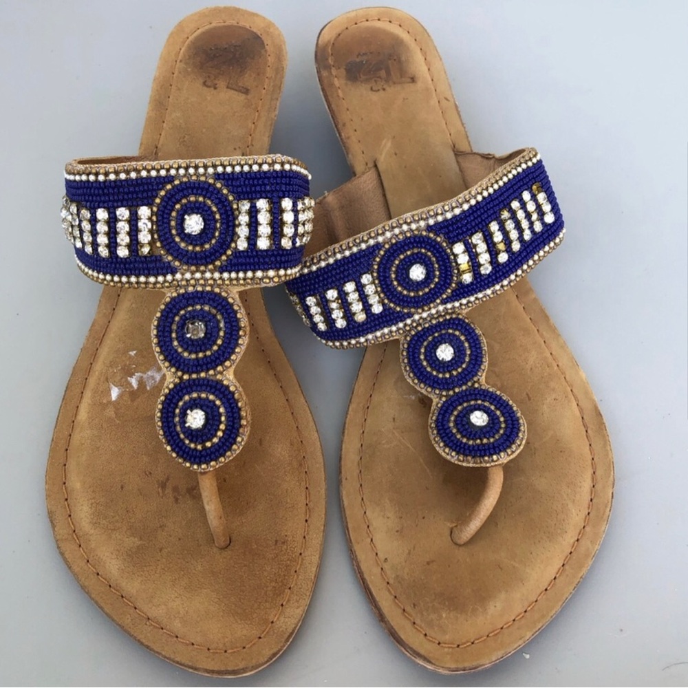 Beaded Blue and Tan Sandals